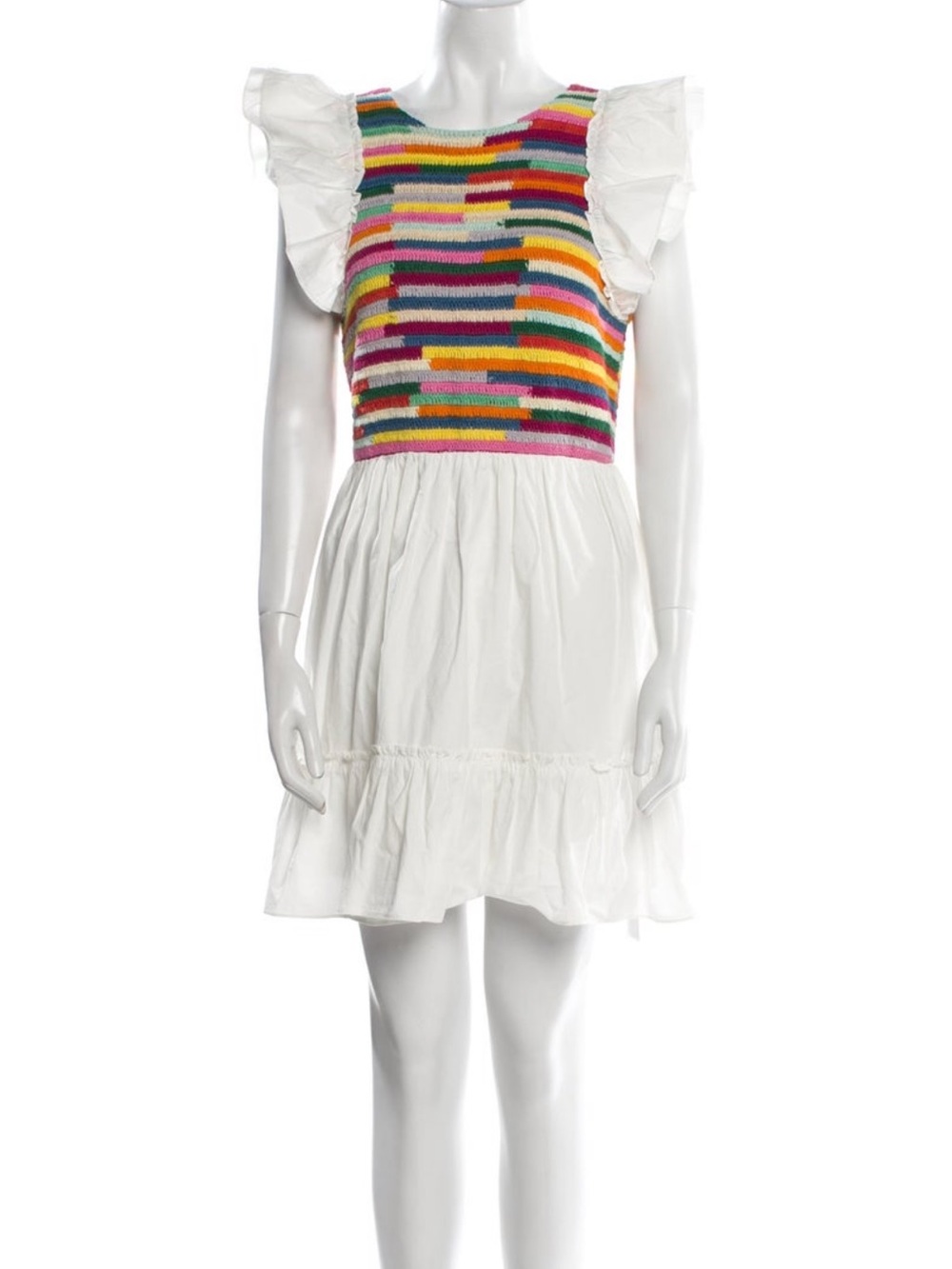 Saylor White Cotton Dress with Multicolor Knit Bodice